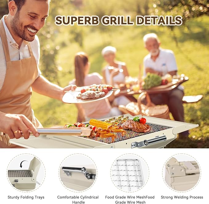 Portable Charcoal Grill Foldable Grills BBQ Grill Charcoal Small Grill for Travel, Camping, Outdoor Cooking, Backyard, Hiking, Patio Garden, Picnics,Beige
