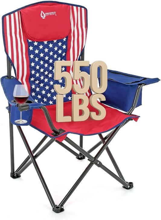 ARROWHEAD OUTDOOR Portable Folding Camping Quad Chair w/ 6-Can Cooler, Cup & Wine Glass Holders, Heavy-Duty Carrying Bag, Padded Armrests, Headrest & Seat, Supports up to 550lbs, USA-Based Support