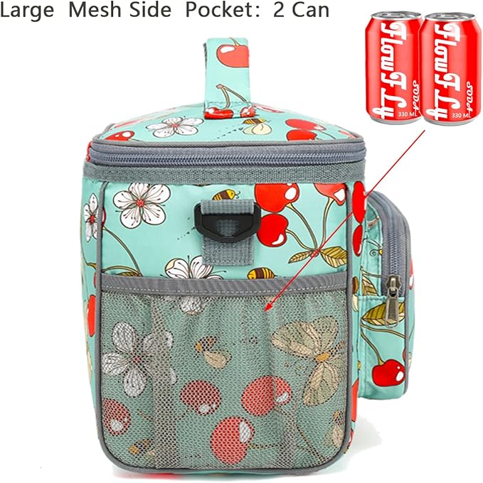 FlowFly Insulated Reusable Lunch Bag Adult Large Lunch Box for Women and Men with Adjustable Shoulder Strap,Front Zipper Pocket and Dual Large Mesh Side Pockets,Cherry