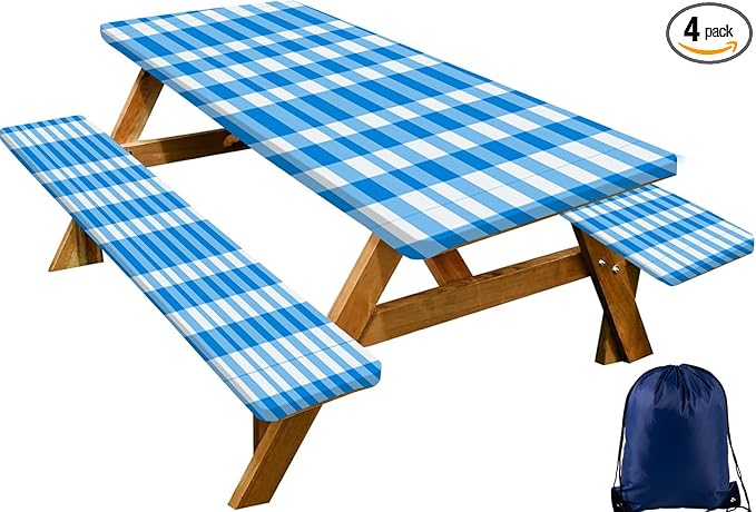 CAPSCEOLL Fitted Picnic Table Cover with Bench Covers with Elastic 6Ft Waterproof Camping Picnic Table Cover Cloths for Outdoors Camping Tablecloth with Drawstring Bag, 72X30in, Blue Checkered
