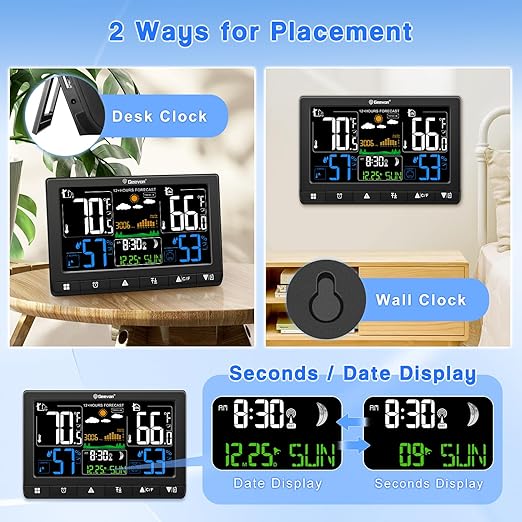 Geevon Weather Stations Wireless Indoor Outdoor with Atomic Clock, Color VA Display Digital Temperature Humidity Monitor with Barometer, Comfort Indicator, and Adjustable Backlight
