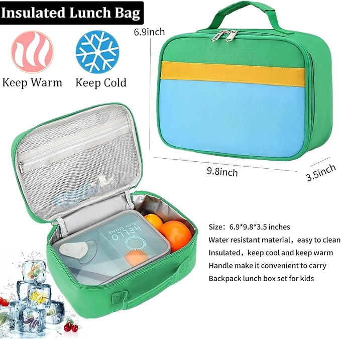Kids Backpack Lunch Box Set Kindergarten School Backpacks 3-6 Years for Boys and Girls with Chest Buckle (Set Green Blue, Medium-15 H)