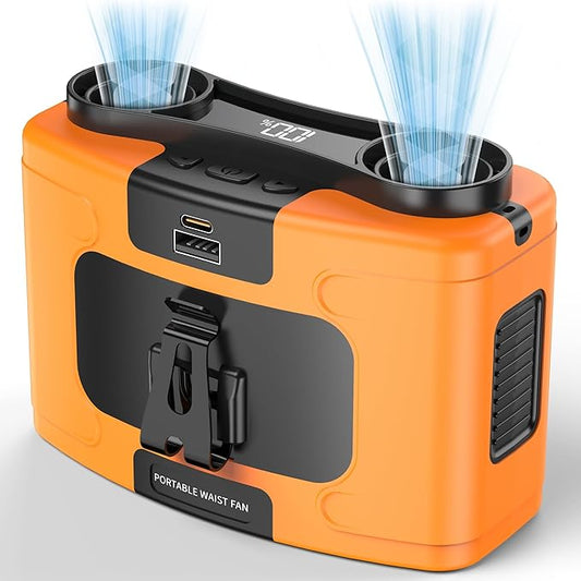 20000mAh Portable Waist Fan, Personal Fan Clip on with Rechargeable Battery operated, 40H Cooling,10 Speeds,16000RPM Hands-Free Belt Neck Fan for Outdoor Jobsite Gardening Camping Travel (Orange)
