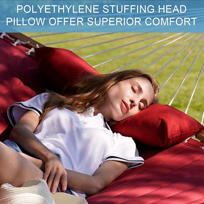 Lazy Daze Hammocks 12 FT Double Quilted Fabric Hammock with Spreader Bars and Detachable Pillow, 2 Person Hammock, 450 LBS Weight Capacity, Burgundy