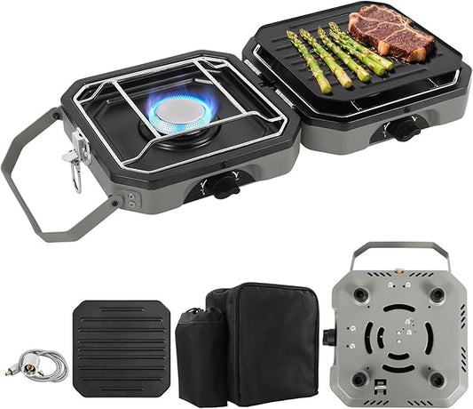 Dollate 2-Burner Propane Stove with Griddle and Carrying Bag, Portable Foldable Camping Stove with 2 Adjustable Burners 16000 BTUs,for Camping Tailgating Essentials Gear (Green)