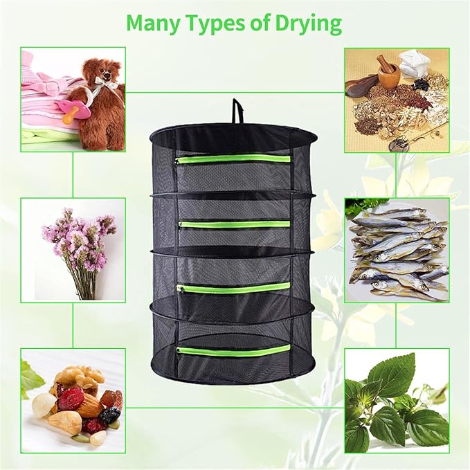 Drying Rack Net Dryer 4 Layer 2ft Black W/Green Zippers Hydroponics Drying Rack Herbs for Plant Bud Seed,Plant Racks for Weed,Mesh Hanging Plant Dry,Herb Dry,for Garden Outdoor Bud Tea