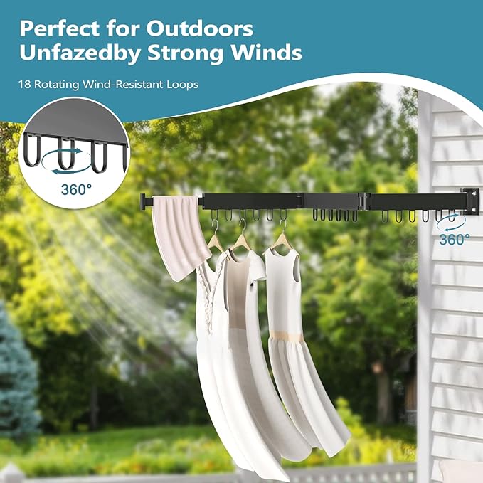 JAUREE Clothes Drying Rack Wall Mounted, Laundry Drying Rack Collapsible, Space Saving Wall Drying Rack Clothing Foldable, Tri-Fold Retractable Rack Outdoor Indoor with 18 Hooks, Black