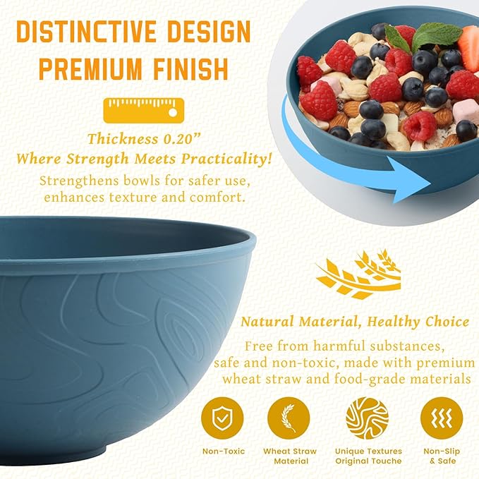 Homienly Bowls for Kitchen, Premium Wheat Straw Bowl 6 PCS, Unbreakable LIghtweight Salad Bowl with Texture, Alternative to Plastic Bowls Reusable, Microwave and Dishwasher Safe, Freezer Safe- Blue