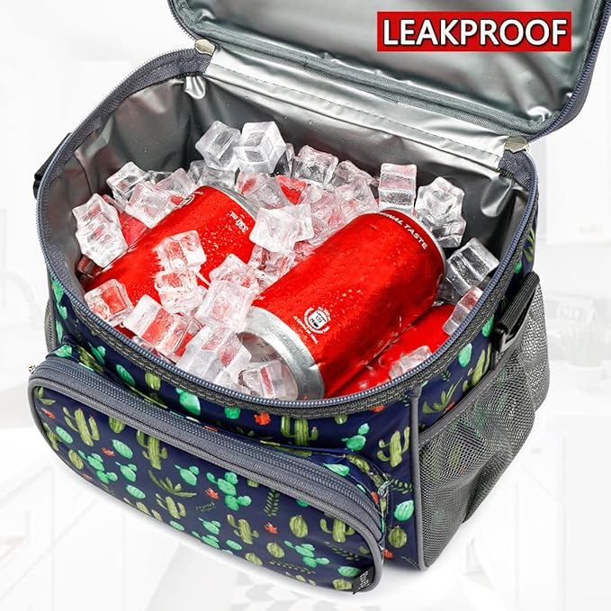 FlowFly Insulated Reusable Lunch Bag Adult Large Lunch Box for Women and Men with Adjustable Shoulder Strap,Front Zipper Pocket and Dual Large Mesh Side Pockets,Cactus