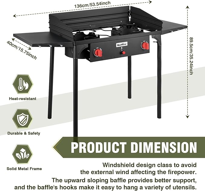 Bestfire 2 Burner Camping Stove with Windpanel& Side Shelves, Bag, Auto Ignition Button,Regulator,150,000 BTU Camping Stove Propane Burner With Removable Legs for Outdoor BBQ&Backyard