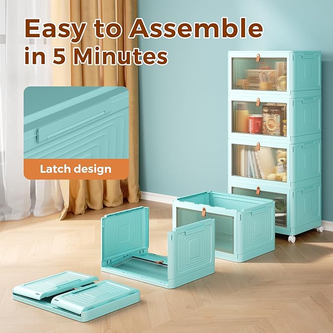 4 Tier Stackable Plastic Storage Bins with Lid and Wheels - 23 QT Closet Organizers and Storage, Foldable Storage Containers, Organization and Storage Boxes for Craft, Home, Pantry, Dorm,Green