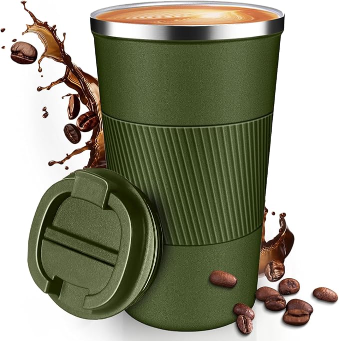 17OZ Travel Coffee Mug Insulated Coffee Cup with Spill Leak Proof Lid, Portable Stainless Steel Tumbler Reusable Hot and Cold Water Mug for Car, Daily, Camping- Military Green