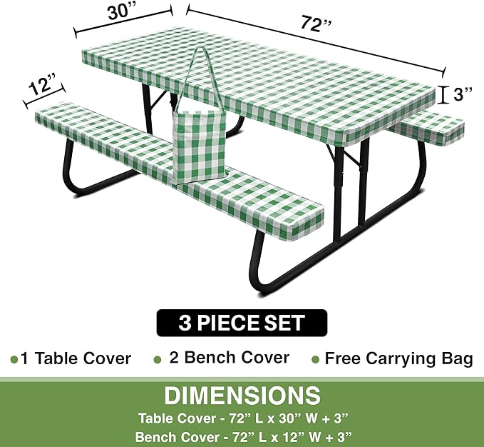 Hudson Comfort Picnic Table Cover with Bench Covers – 500 GSM Reusable Heavy Duty Vinyl Outdoor Table Cover - Waterproof Picnic Tablecloth with Carry Case (Green, 72x30 Inch) (6 Feet Long)