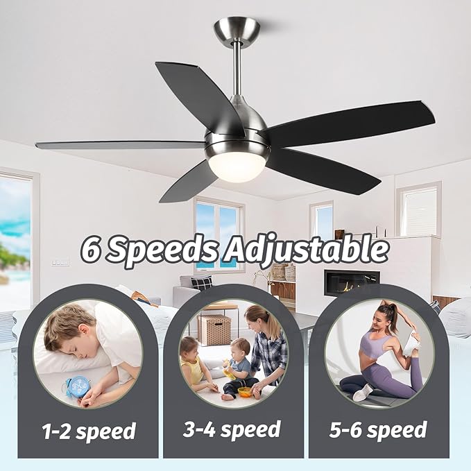 Brushed Nickel Ceiling Fan with Lights,52 Inch Ceiling Fans,6 Speeds,3 Color,Quiet DC Motor,Ceiling Fan with Remote Control for Bedroom Living Room Patio Kitchen