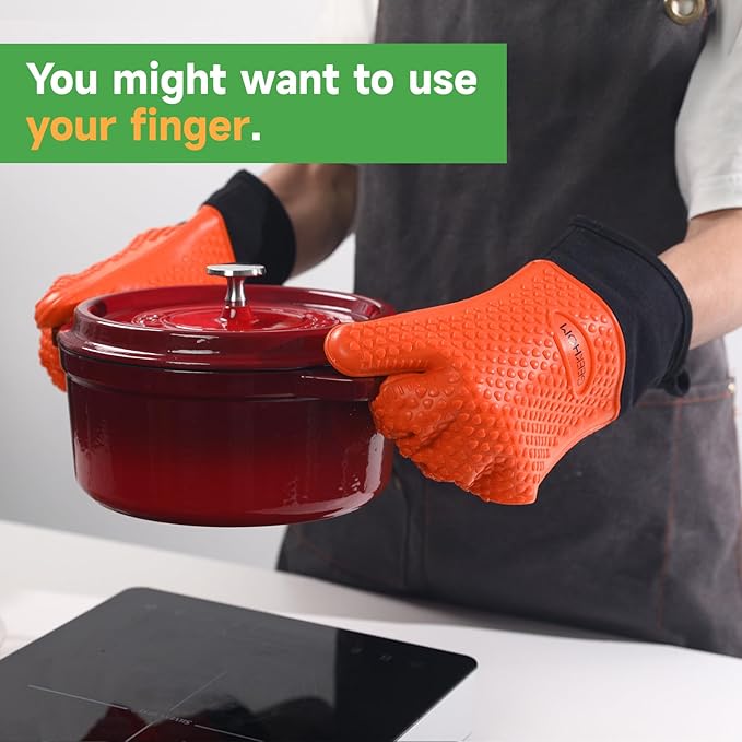 GEEKHOM BBQ Gloves Heat Resistant Oven Mitts - Silicone Grilling Gloves with 13.7" Arm Protection - Waterproof Pot Holder Non-Slip for Men & Women, Kitchen Outdoor Cooking, Baking, Camping, Orange