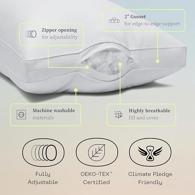 Coop Home Goods Essence Down Alternative Pillow Set of 2, Queen Size, Best Pillows for Sleeping, Adjustable Alternative to Down Pillows, Luxury Hotel Pillow for Back, Stomach or Side Sleepers