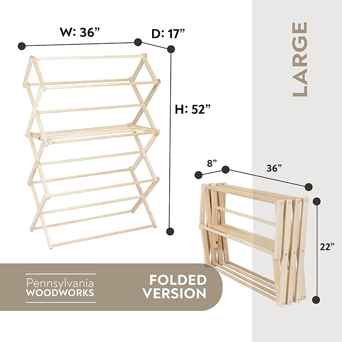 Pennsylvania Woodworks Clothes Drying Rack: Solid Maple Hard Wood Laundry Rack for Sweaters, Blouses, Lingerie & More, Durable Folding Drying Rack, Made in USA, No Assembly Needed, Large