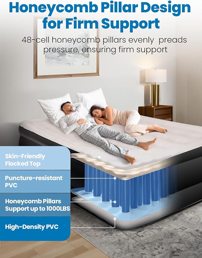 King Size Air Mattress with Built-in Pump, 18" Raised Comfort, 48Hr Leak-Proof Test, Upgraded Honeycomb Pillar Design, Blow Up Mattress Supports 1000 lbs, 3-Min Inflation for Home Guest Room Camping