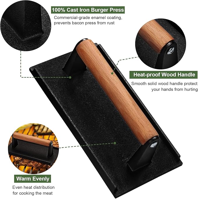 EWFEN Cast Iron Smash Bacon Press Meat Steak with Wood Handle, Burger Press(Round & Rectangle with Flat Bottom)