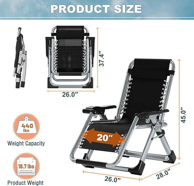 ABORON Zero Gravity Chair Set of 2, Outdoor Lounge Chairs Sun Loungers with Removable Cushion,Headrest,Cup Holder,Reclining Patio Lounger Chair for Indoor and Outdoor