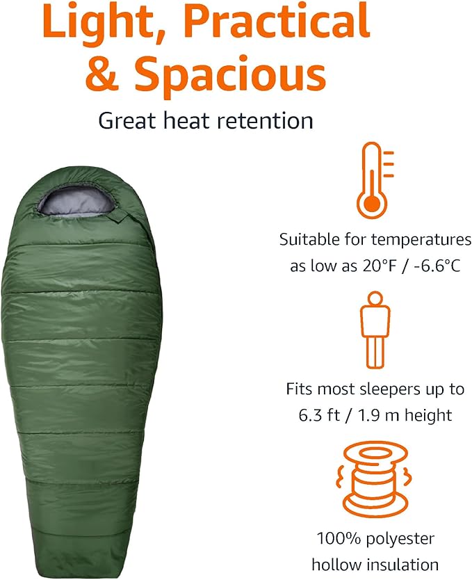 Amazon Basics 20°F Cold Weather Mummy Sleeping Bag, 82 Inches x 33 Inches, Olive Green