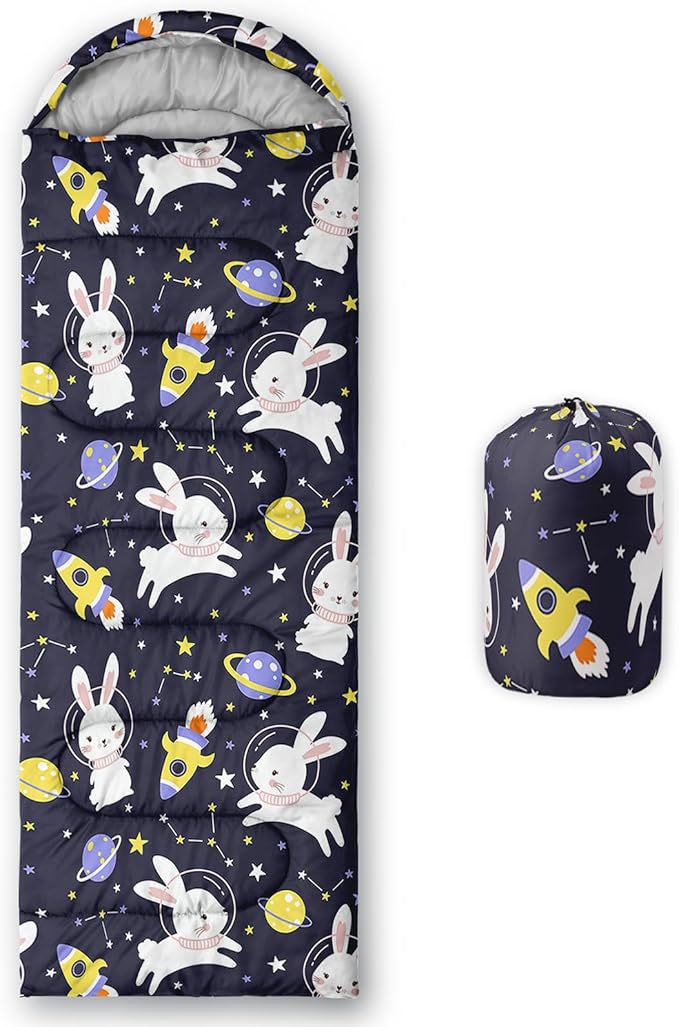 AILONEN Pink Lovely Rabbit Sleeping Bag for Girls Kids Adults,Warm and Cool Weather,Lightweight,Waterproof Backpacking,Cartoon Flowers Printed Bunny Sleeping Bag for Camping
