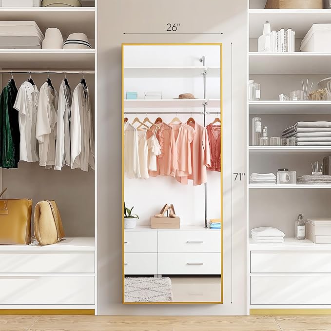 Full Length Floor Mirror, 71'' x 26'' With Aluminum Alloy Thin Frame - Hanging or Leaning for Wall, Bedroom, Dressing - Home Decor, Gold
