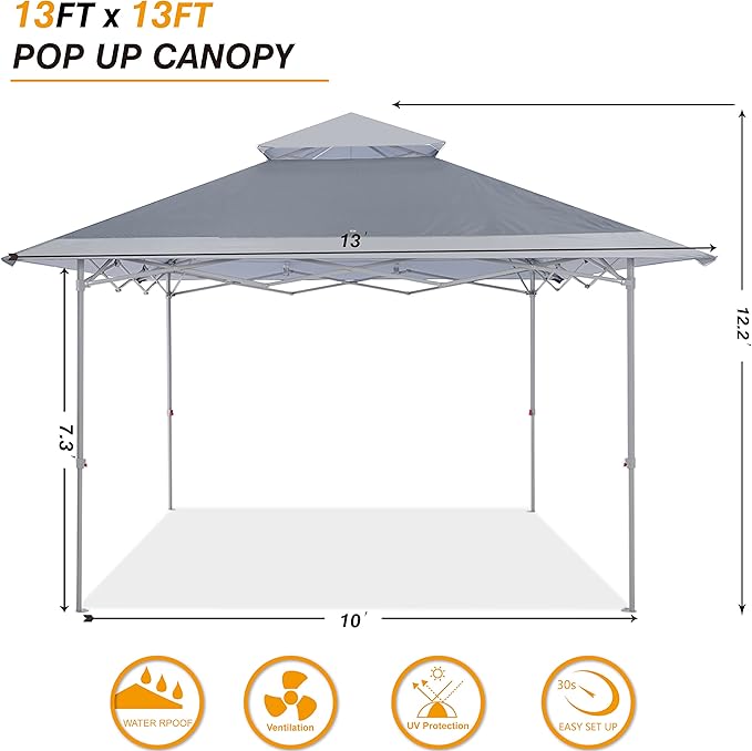 COOSHADE 13x13Ft Pop Up Canopy Tent Instant Folding Shelter 169 Square Feet Large Outdoor Sun Protection Shade(Grey)