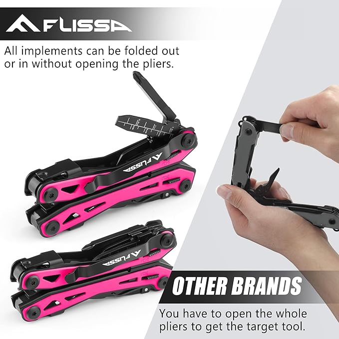 FLISSA 16-in-1 Pink Multi Tool Pliers, Gift for Father, Stainless Steel EDC Multitool with Pocket Knife, Belt Clip and Oxford Pouch, for Camping Survival Outdoor Activities