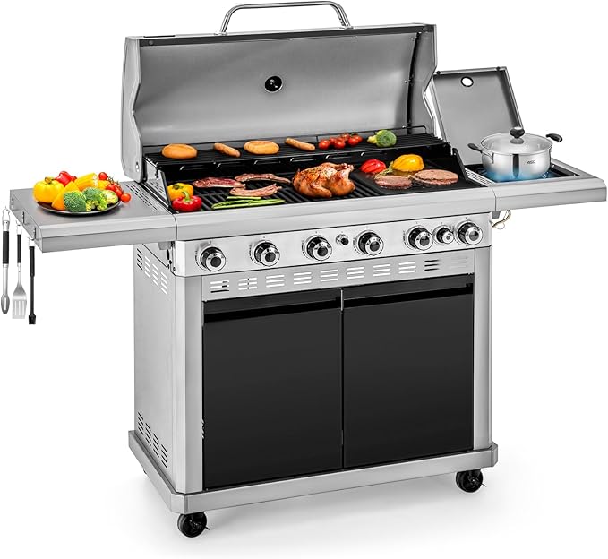 2 in 1 Propane Griddle Grill Combo, 6-Burner Propane Gas BBQ Combo Grill with Porcelain-Enameled Cast Iron Grates & Plate, 42,000 BTU with Side Stove for Outdoor Cooking Camping Patio Backyard