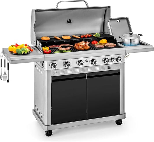2 in 1 Propane Griddle Grill Combo, 6-Burner Propane Gas BBQ Combo Grill with Porcelain-Enameled Cast Iron Grates & Plate, 42,000 BTU with Side Stove for Outdoor Cooking Camping Patio Backyard