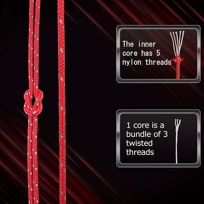 HIKEMAN 50m Reflective Guyline Solid Braid Nylon Camping Rope with Aluminum Adjuster Cord Tensioner Tent Accessory for Outdoor Travel,Hiking,Backpacking and Water Activities (Red, 3mm)