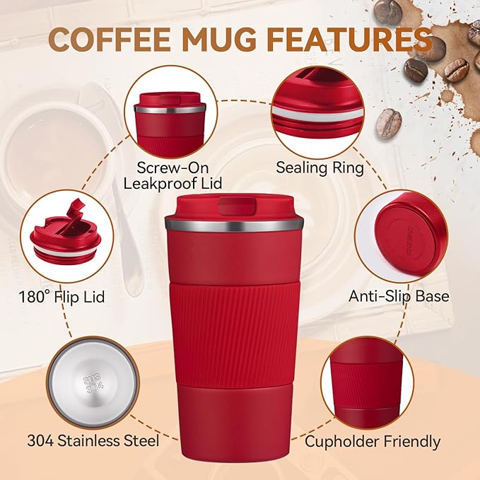 12OZ Travel Coffee Mug Insulated Coffee Cup with Spill Leak Proof Lid, Portable Stainless Steel Tumbler Reusable Hot and Cold Water Mug for Car, Daily, Camping- Red
