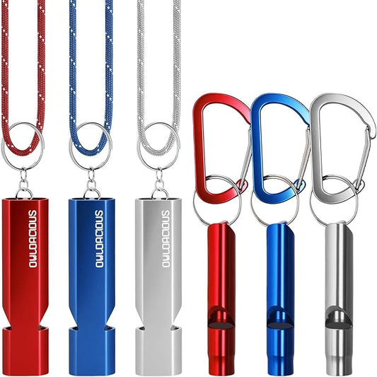Emergency Whistle Set – 6 Aluminum Whistles, 3 Paracord Lanyards, 3 Carabiners for Camping, Hiking, Fishing, Hunting & Survival. Loud Safety Rescue Signaling for Marine Boat Lifeguard