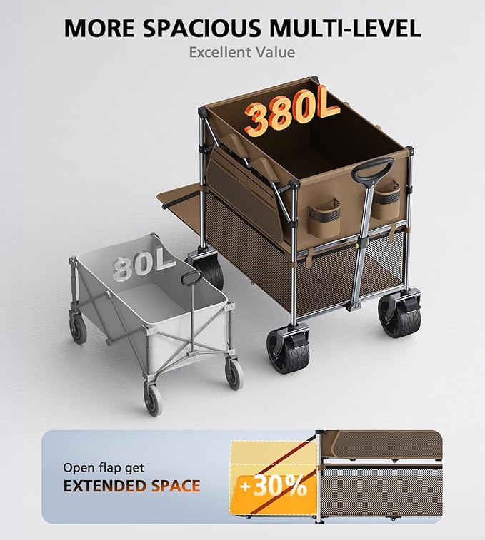 Foldable Wagon Cart,Everyfun 480Lbs Double Decker Wagon,Beach Carts with Big Wheels&Side Pocket&Dustbag,Large Capacity Folding Wagon for Shopping,Garden,Camping,Fish,New Wave Sports Wagon-Brown
