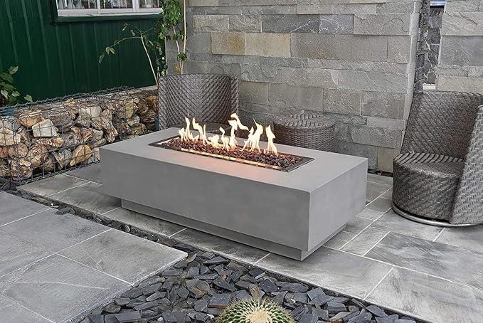 Elementi | Granville Gas Fire Pit Cast Concrete 60" Rectangular Fire Table, Outdoor Fire Pit Electronic Ignition | Canvas Cover, Lava Rock Included | Light Gray (Propane Gas)