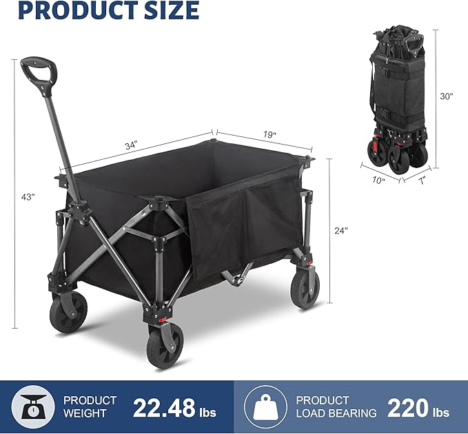 Collapsible Folding Wagon Cart, 220LBS Heavy Duty Foldable Utility Garden Cart with All Terrain Wheels & Side Storage Bag, Portable Sports Wagon for Camping, Shopping, Garden (Black)