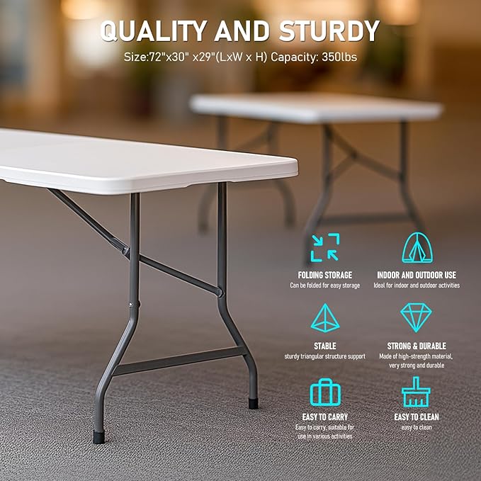 6ft Heavy Duty Portable Folding Table - Plastic Dining Table Indoor/Outdoor White Plastic Table for Parties, BBQs, and Camping