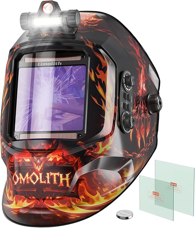 3.93"X3.66" Large Viewing 1/1/1/1 True Color Welding Helmet with Light, 4 Arc Sensor Auto Darkening Welding Hood, Wide Shade 4/5-9/9-13 for TIG MIG Arc Weld Grinding Welder Mask Flame Skeleton
