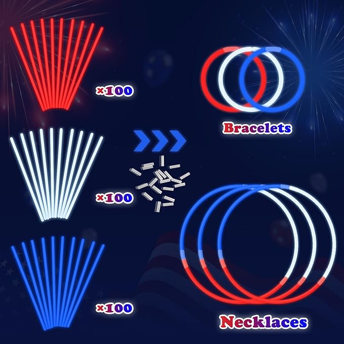 Bulk Patriotic Red White Blue Glow Sticks 300 PCS,Light Up Bracelets Necklaces Accessories for Kids,Glow Party Favors Supplies Decorations for Independence Day, America July Parade, Birthday, Pool