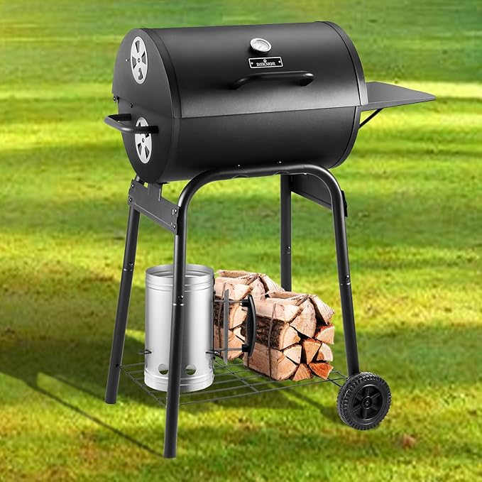 Charcoal Grill Outdoor BBQ Grill, Barrel Charcoal Grills with Side Table, with Nearly 500 Sq.In. Cooking Grid Area, Outdoor Backyard Camping Picnics, Patio and Parties, Black