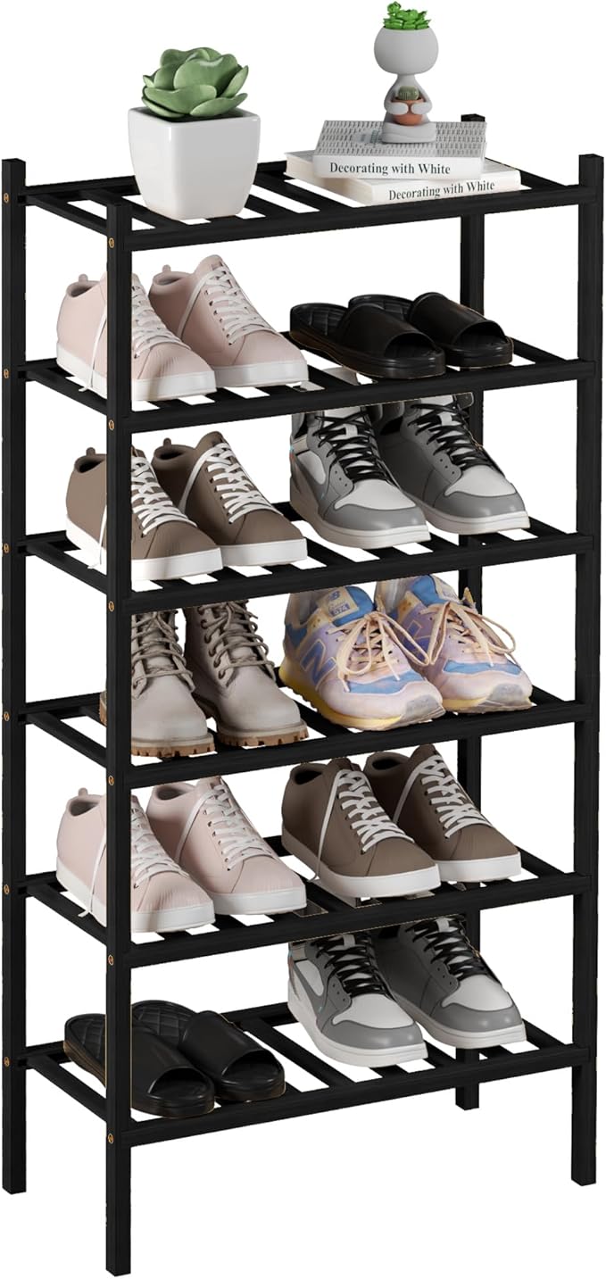 6-Tier Bamboo Small Shoe Rack, Free Standing Wood Shoe Shelf Storage Organizer for Closet Entryway Stackable (Black)