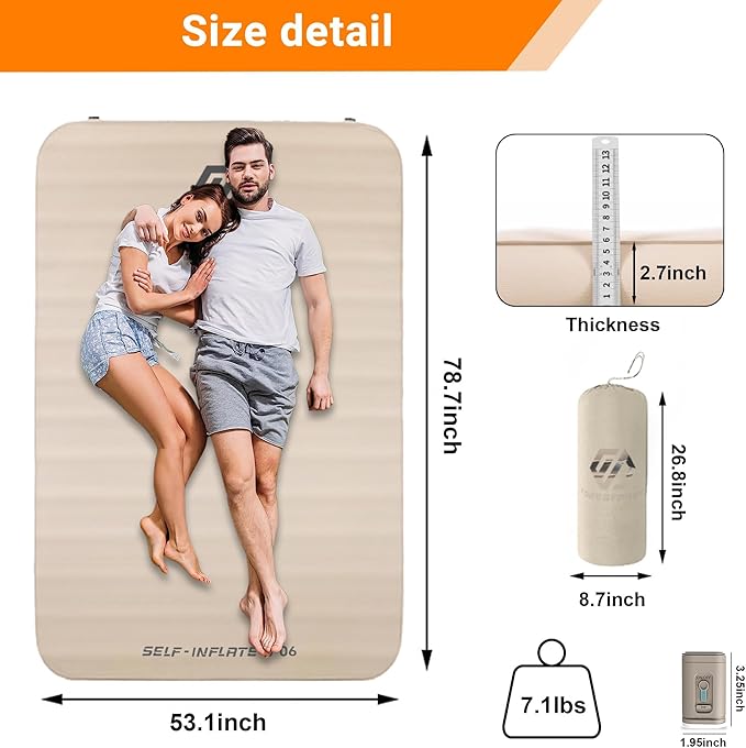 Double Self Inflating Sleeping Pad,2.7" Extra Thick Memory Foam Camping Pad, 60S Fast Air Self-Inflating Camping Mattress Pads, 4 Season Sleeping Mat for Camping Rooftop Tent Car Truck Van