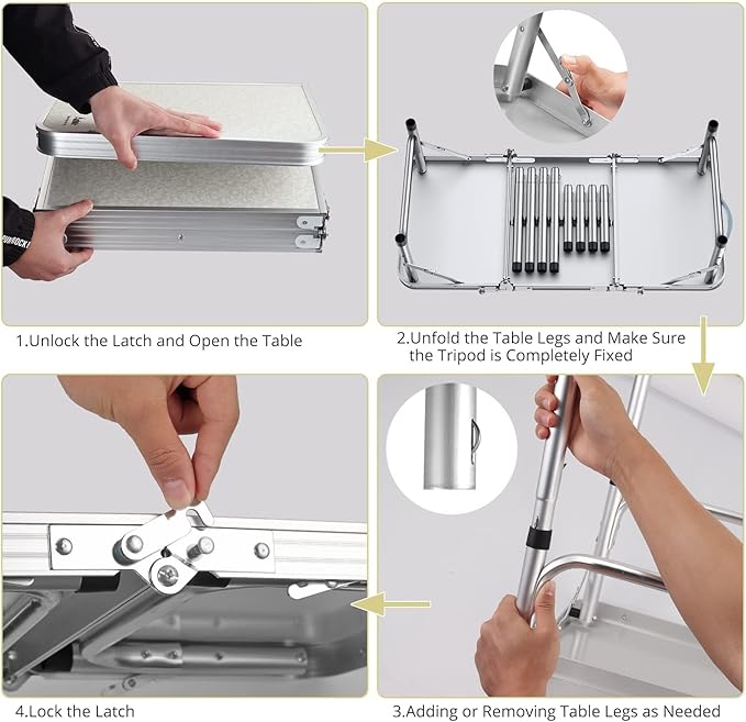 Folding Camping Table with Storage Net, 3ft Camping Table Aluminum Folding Table with 3 Adjustable Height Max 27.1 Inch, Portable, for Outdoor Backyard BBQ, Silver