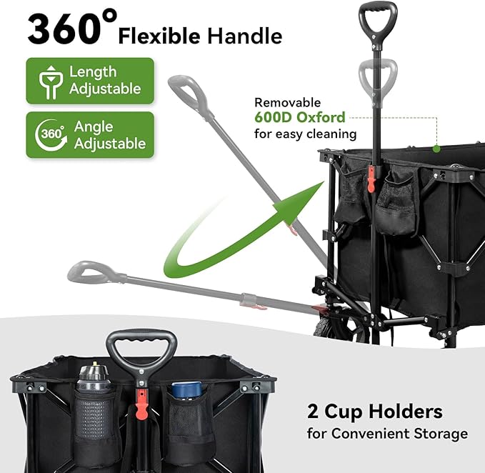 Hikenture 330lbs Collapsible Wagon Cart, Ultra-Large Wagons Carts Foldable Heavy Duty, Utility All Terrain Folding Wagon with Wheels for Groceries, Garden, Sports, Beach, Shopping, Black