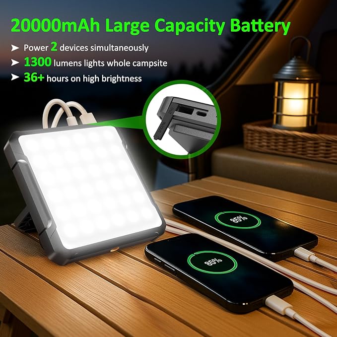 20000mAh Rechargeable Camping Lantern, Battery Powered LED Camping Lights, 1300LM Ultra Bright, 36H Runtime, 4 Modes, IPX4 Waterproof Tent Light Portable for Outdoor, Emergency, Blackout Survival Gear