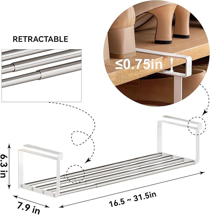 Expandable Shoe Rack Organizer - Adjustable Shoe Rack & Under Cabinet Shelf - for Shoe or Clothing Storage and Organization, Under Shelf Storage (Stainless,1Pcs)