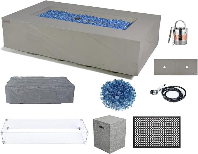 Elementi+ | Bundle Meteora Gas Fire Pit Cast Concrete 56" Rectangular Fire Table, Outdoor Fire Pit Electronic Ignition | Canvas Cover, Fire Glass and Burner Lid Included | Light Gray | Propane Gas