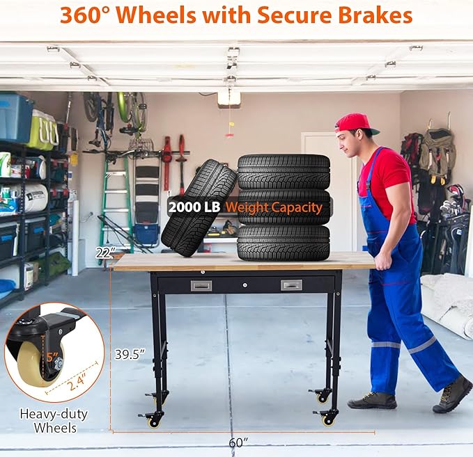 60" Work Bench, Heavy Duty Adjustable Height Table with Power Outlets, Portable Garage & Workshop Work Bench, 2000 LBS Capacity, Office, Home Use, Easy Assembly, Multipurpose Utility Table