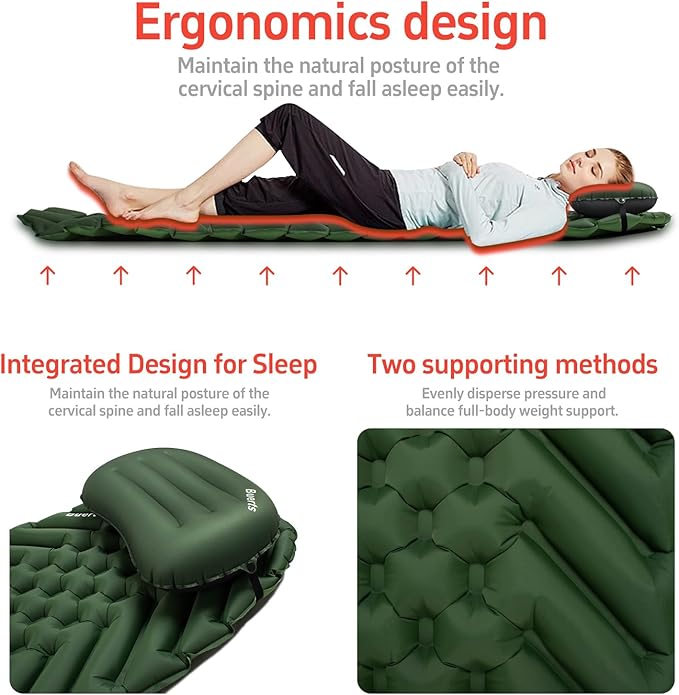 Camping Sleeping Pad & Pillow Set - Mummy Style, Inflates in 30 Seconds, Ultralight and Waterproof and wear-Resistant, Suitable.Camping Mattress for Camping, Backpacking. (Green)